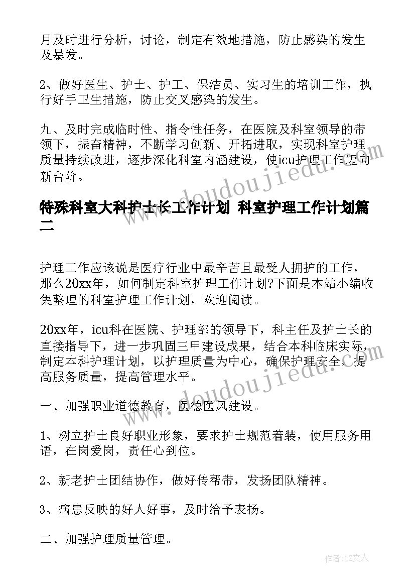 2023年特殊科室大科护士长工作计划 科室护理工作计划(模板7篇)