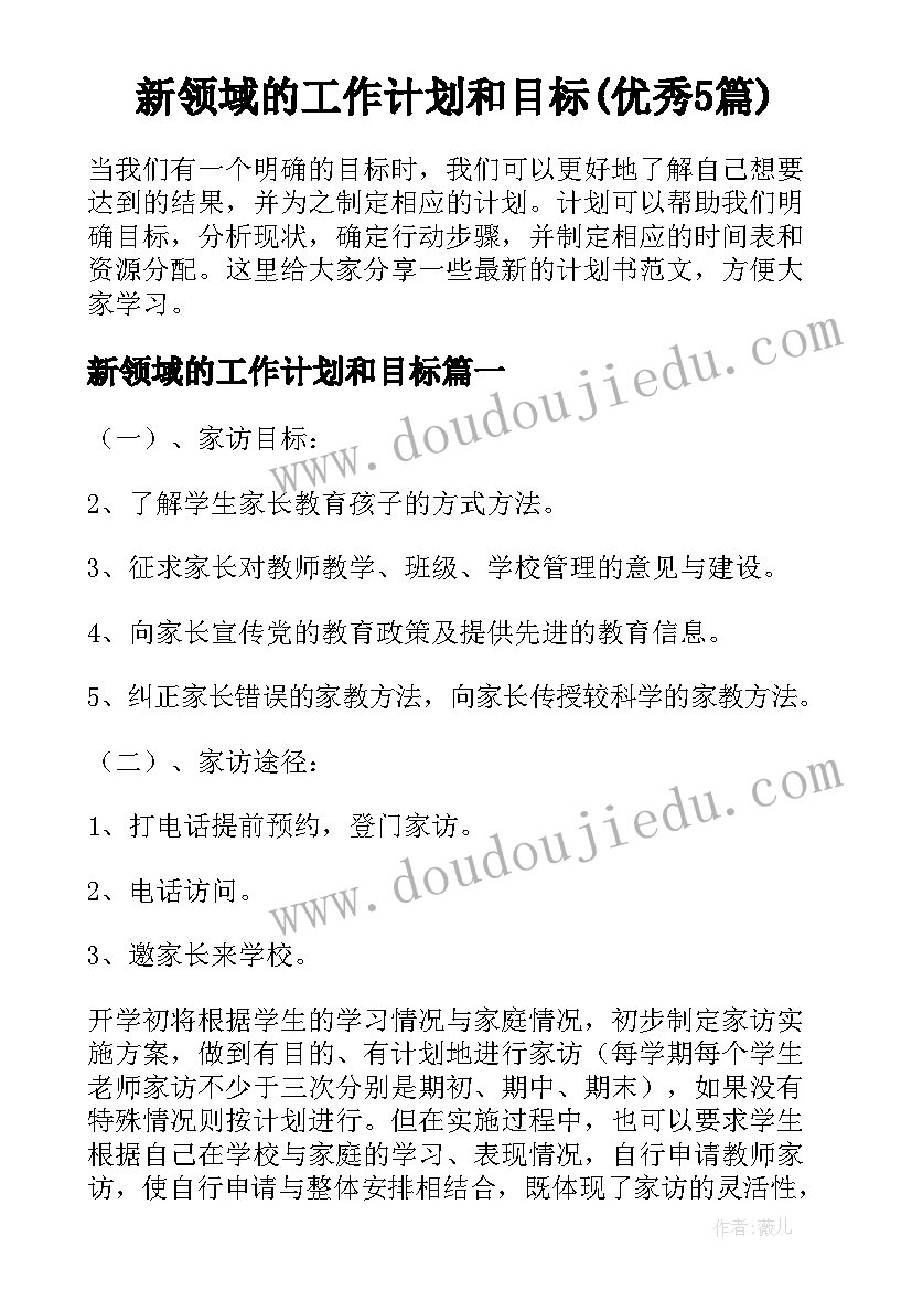 新领域的工作计划和目标(优秀5篇)