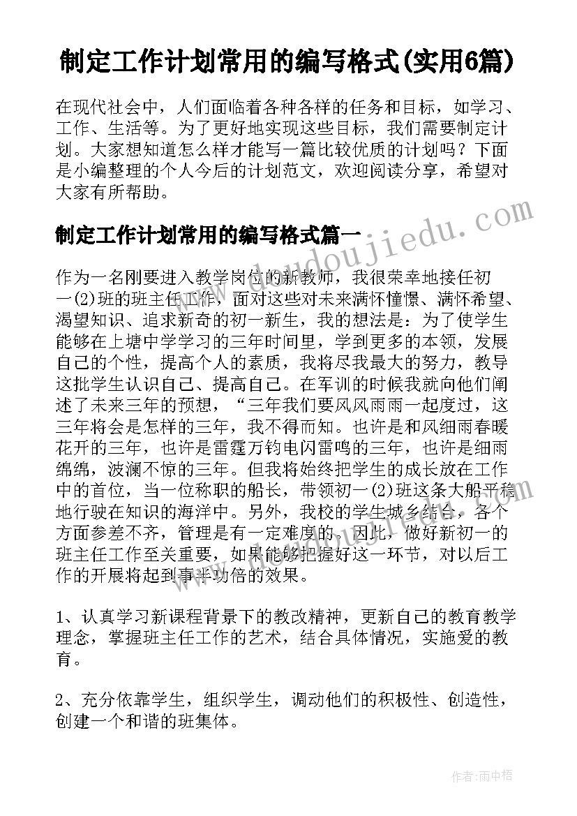 制定工作计划常用的编写格式(实用6篇)