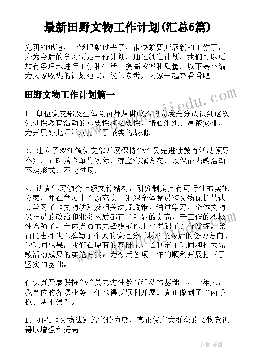 最新田野文物工作计划(汇总5篇)