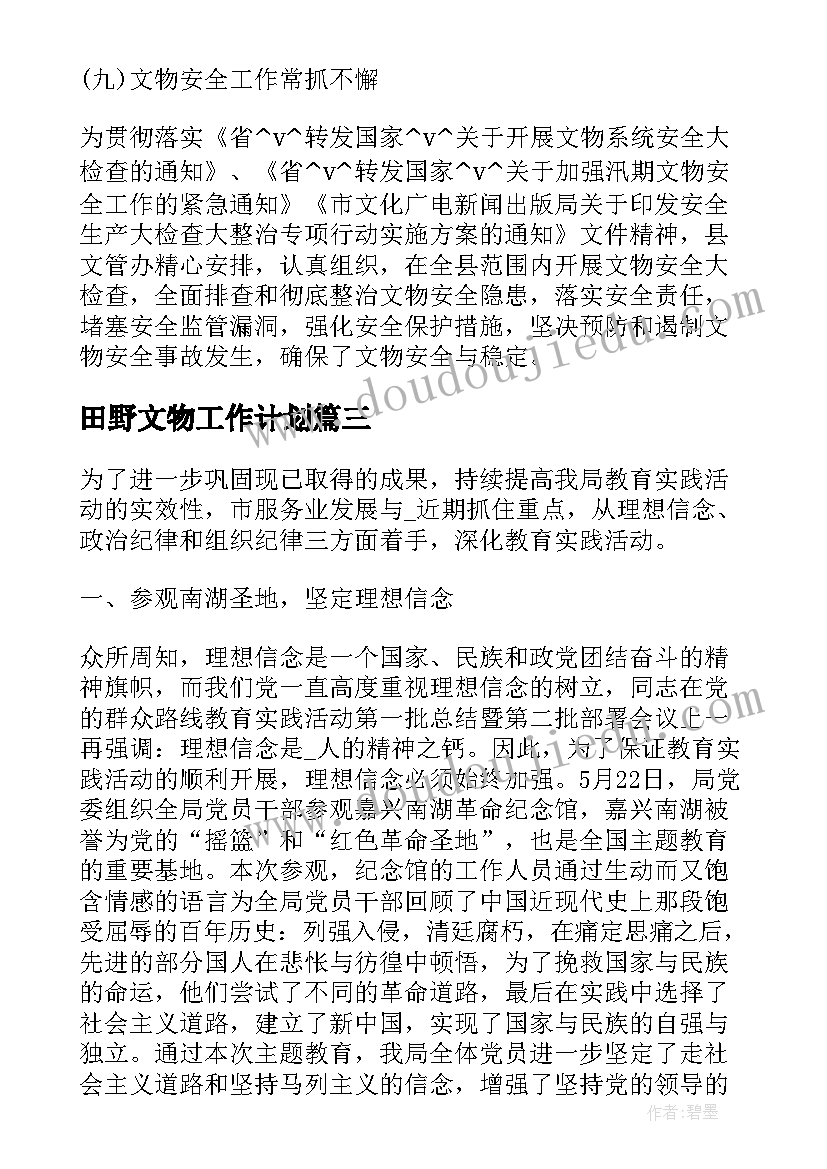 最新田野文物工作计划(汇总5篇)