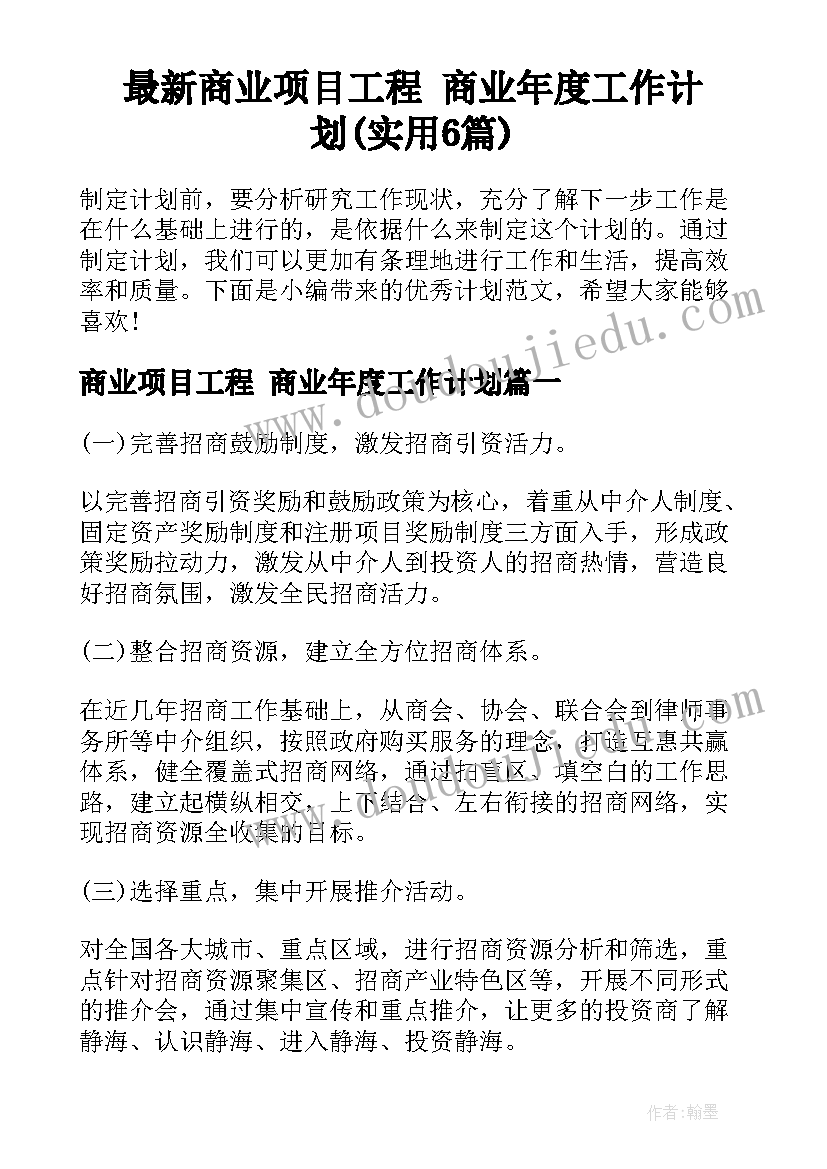 最新商业项目工程 商业年度工作计划(实用6篇)