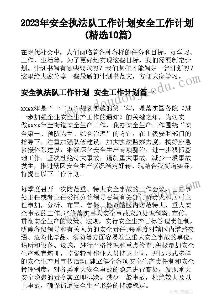 2023年安全执法队工作计划 安全工作计划(精选10篇)