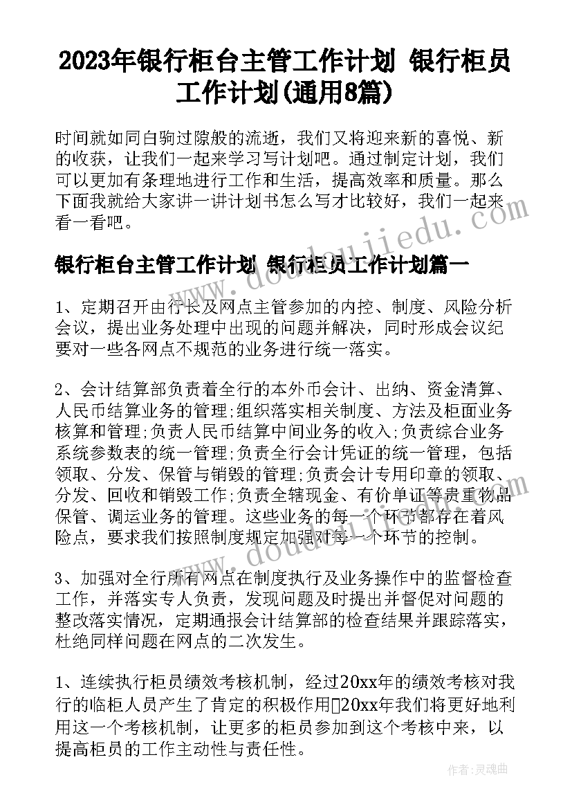 2023年银行柜台主管工作计划 银行柜员工作计划(通用8篇)