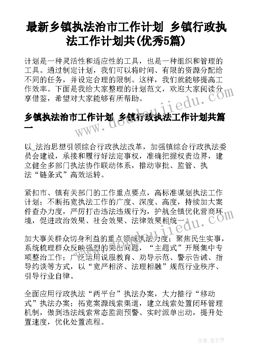 最新乡镇执法治市工作计划 乡镇行政执法工作计划共(优秀5篇)