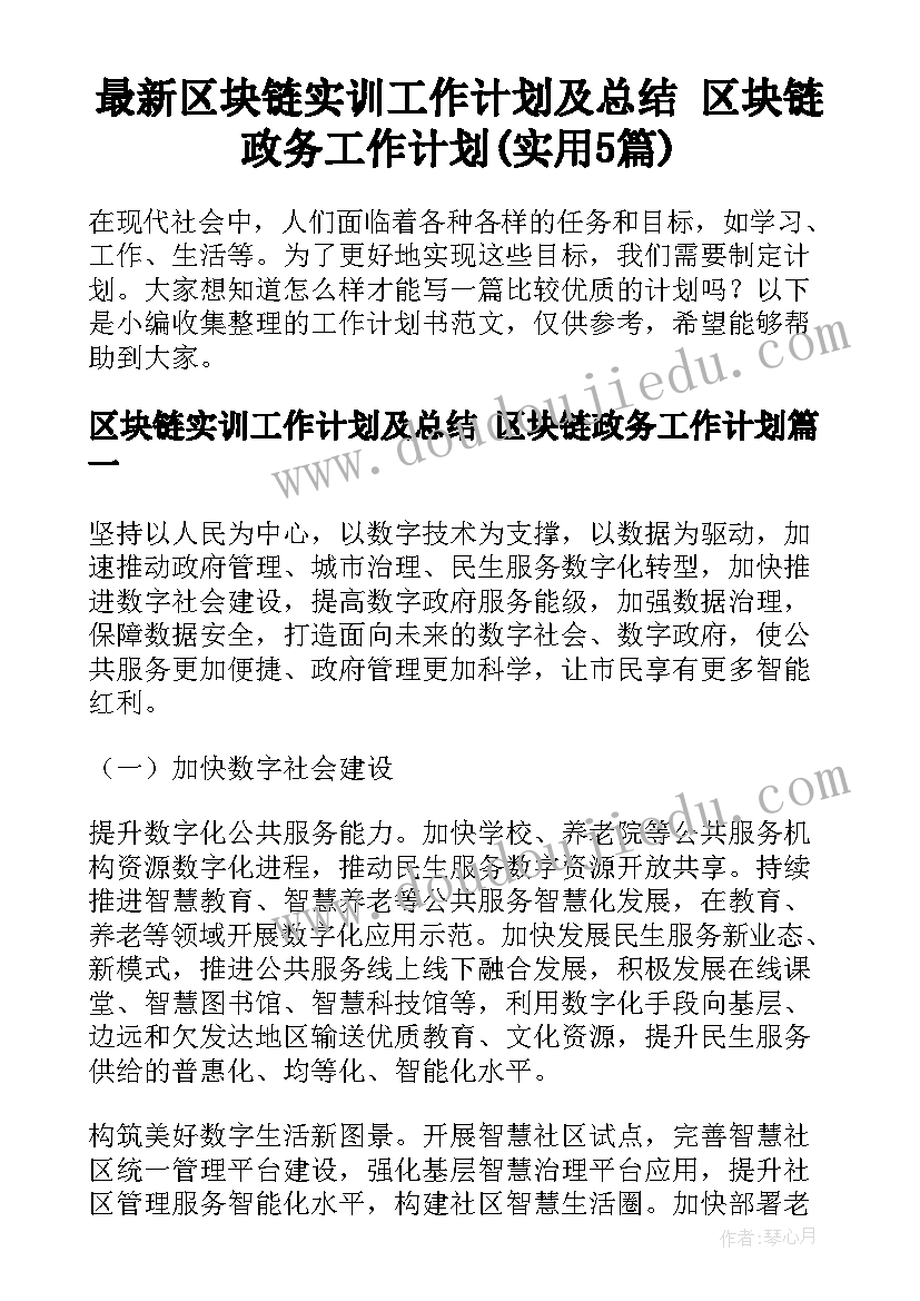 最新区块链实训工作计划及总结 区块链政务工作计划(实用5篇)