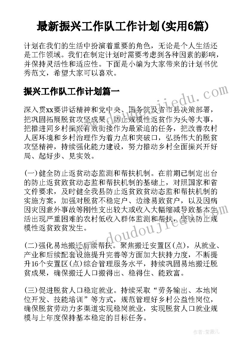 最新振兴工作队工作计划(实用6篇)