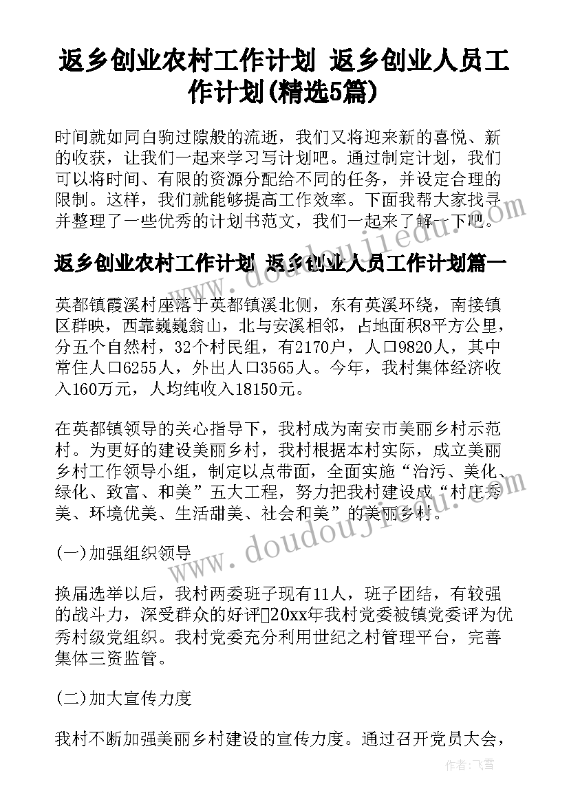 返乡创业农村工作计划 返乡创业人员工作计划(精选5篇)