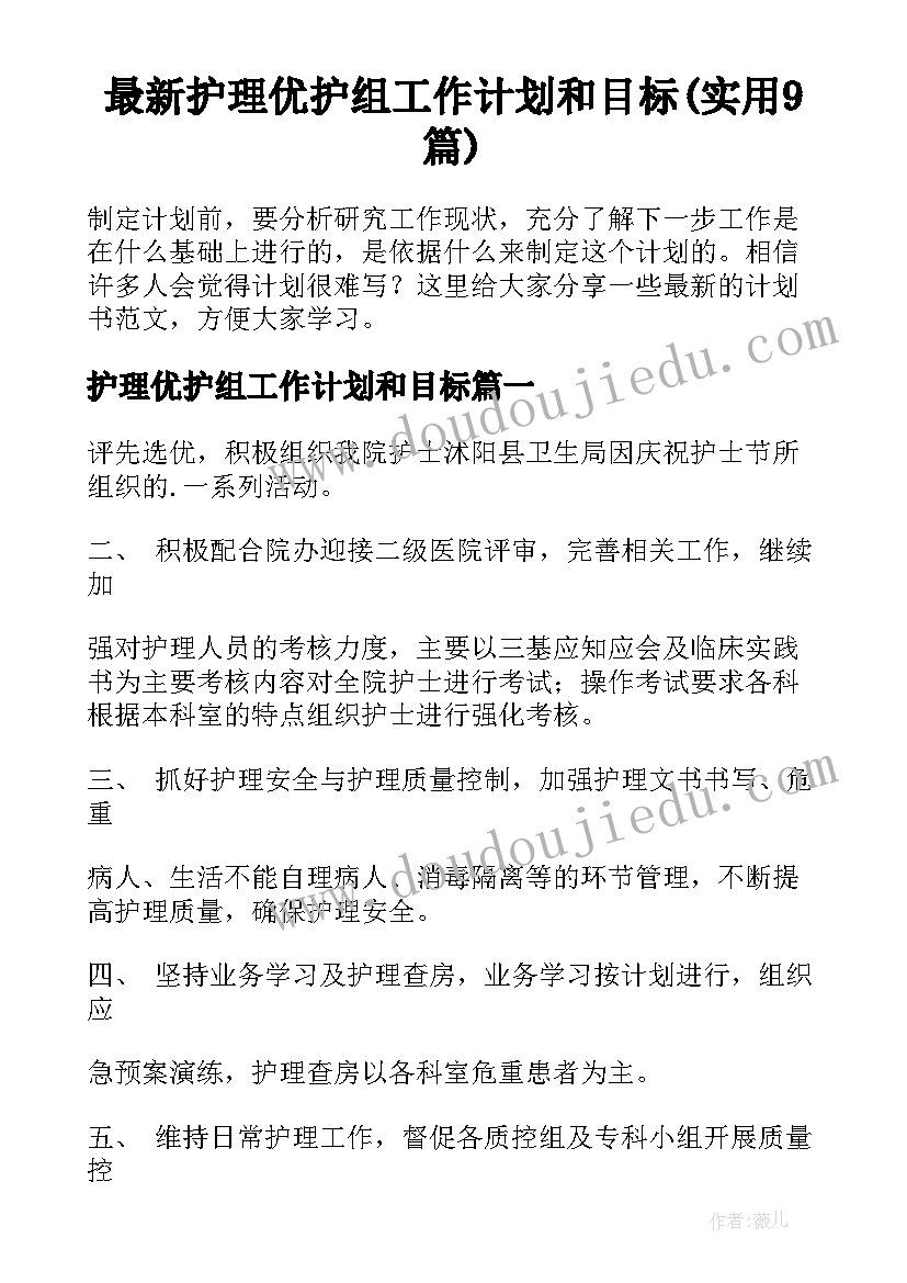 最新护理优护组工作计划和目标(实用9篇)