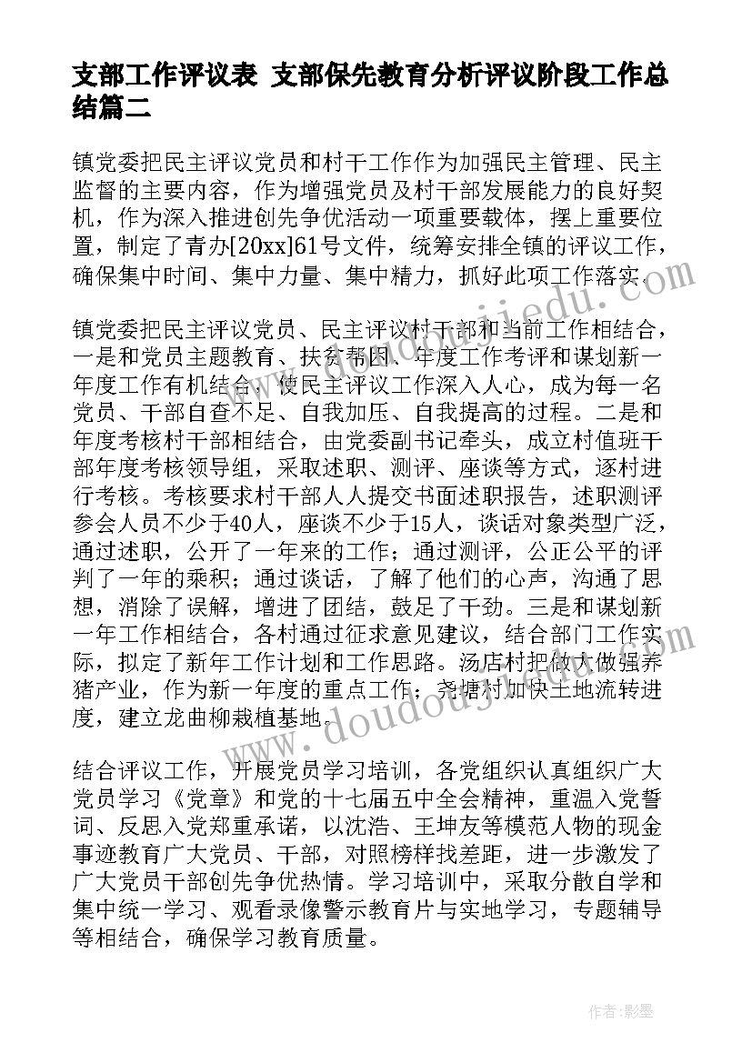 2023年支部工作评议表 支部保先教育分析评议阶段工作总结(精选6篇)