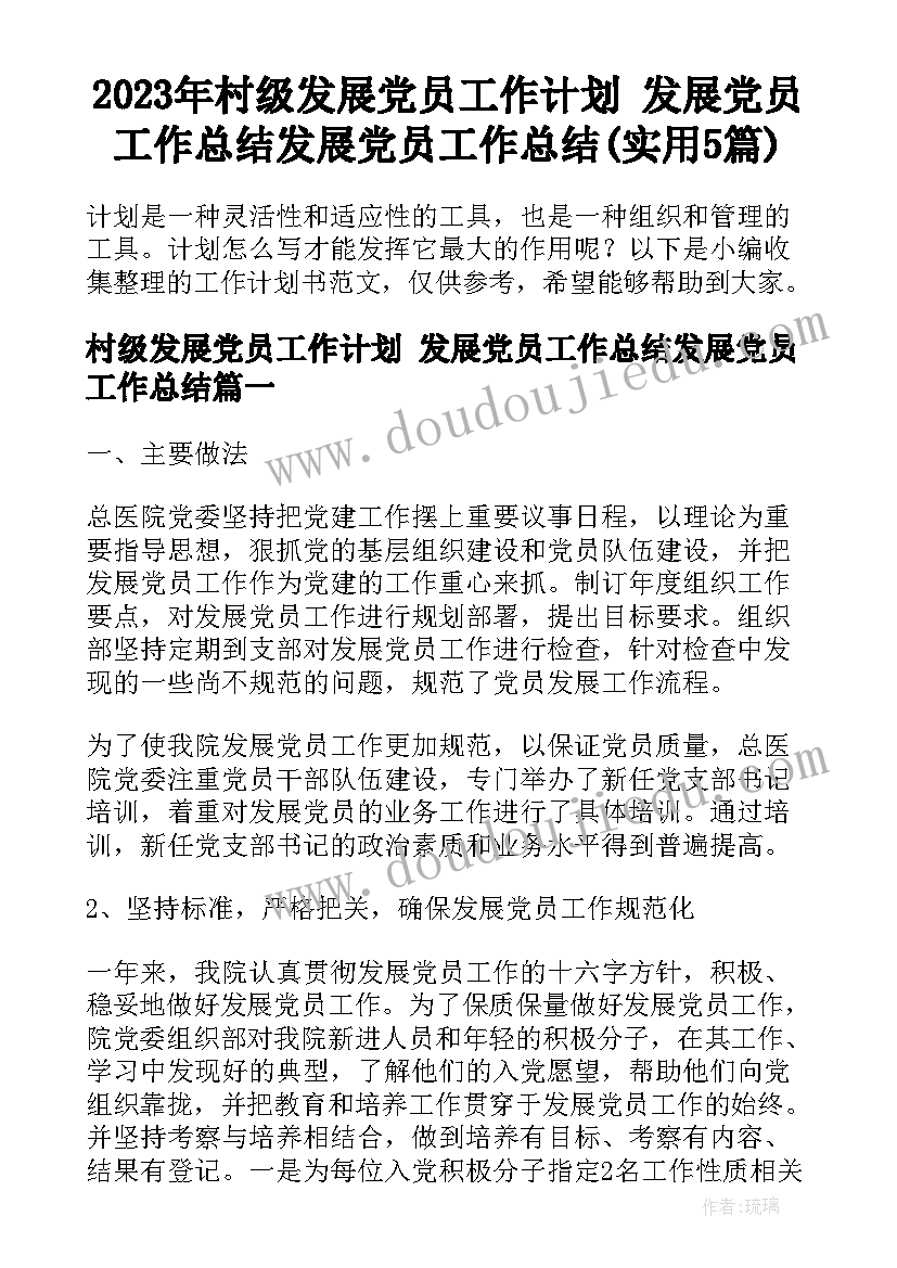 2023年村级发展党员工作计划 发展党员工作总结发展党员工作总结(实用5篇)