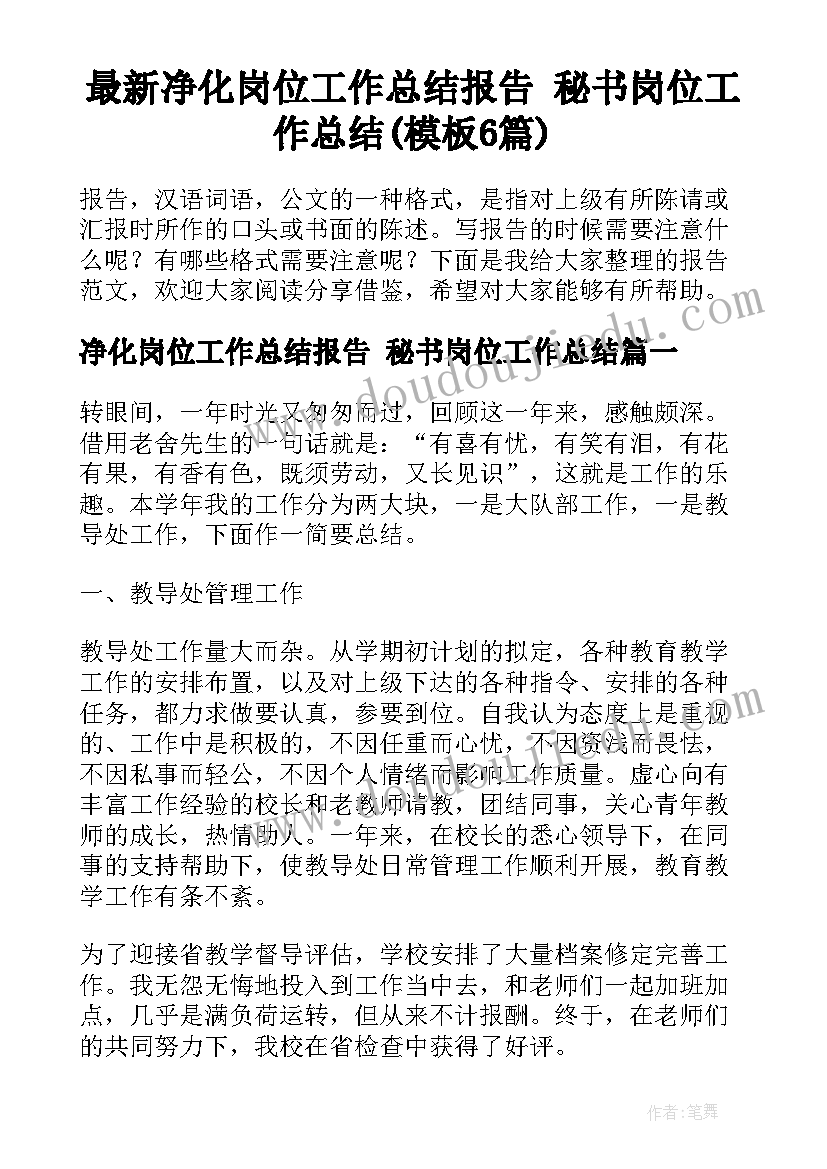 最新净化岗位工作总结报告 秘书岗位工作总结(模板6篇)