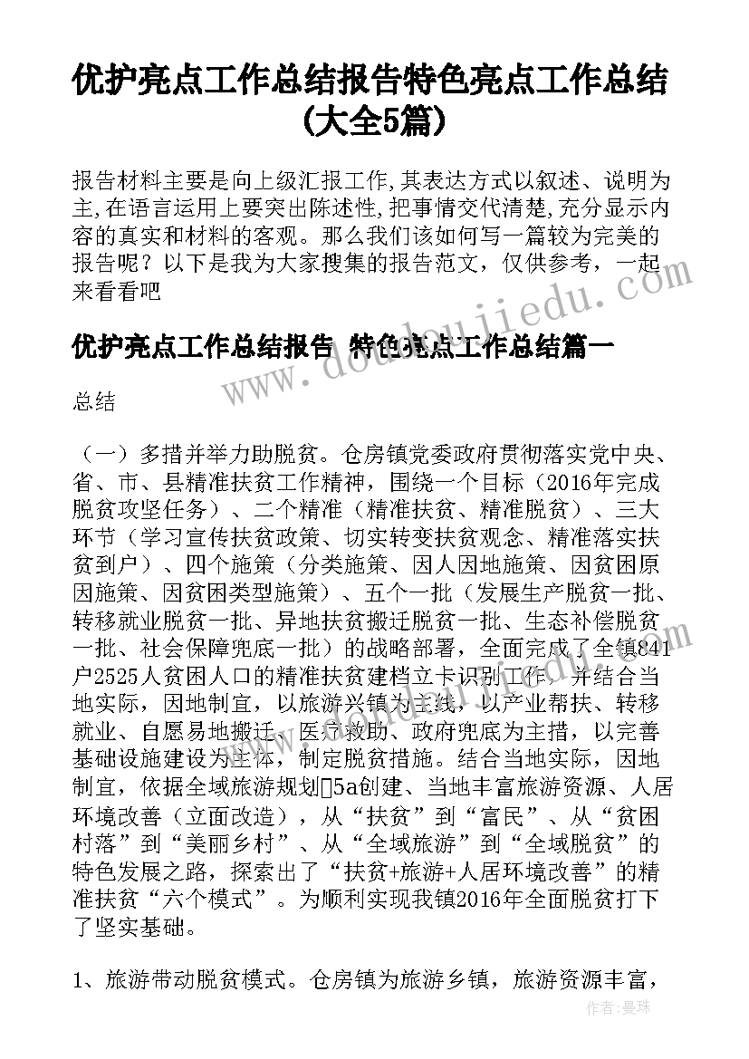 优护亮点工作总结报告 特色亮点工作总结(大全5篇)