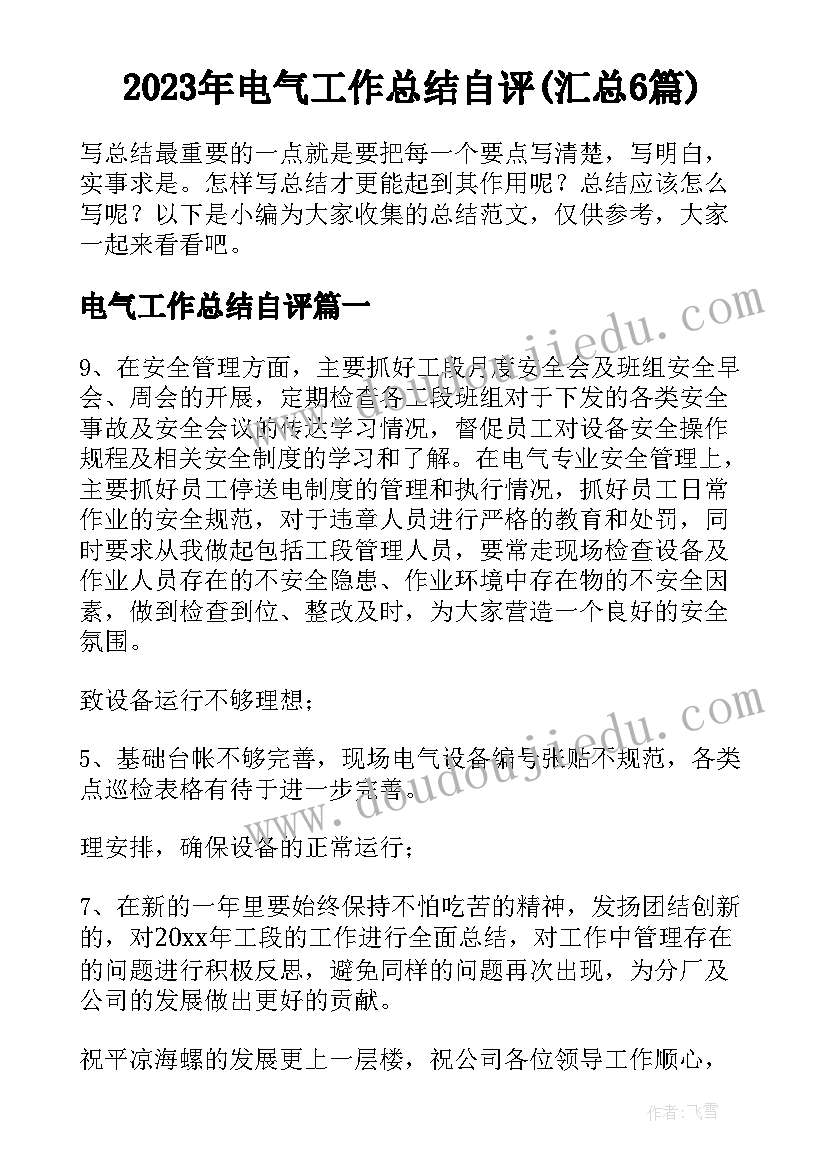 2023年电气工作总结自评(汇总6篇)