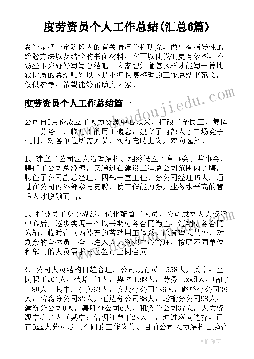 度劳资员个人工作总结(汇总6篇)