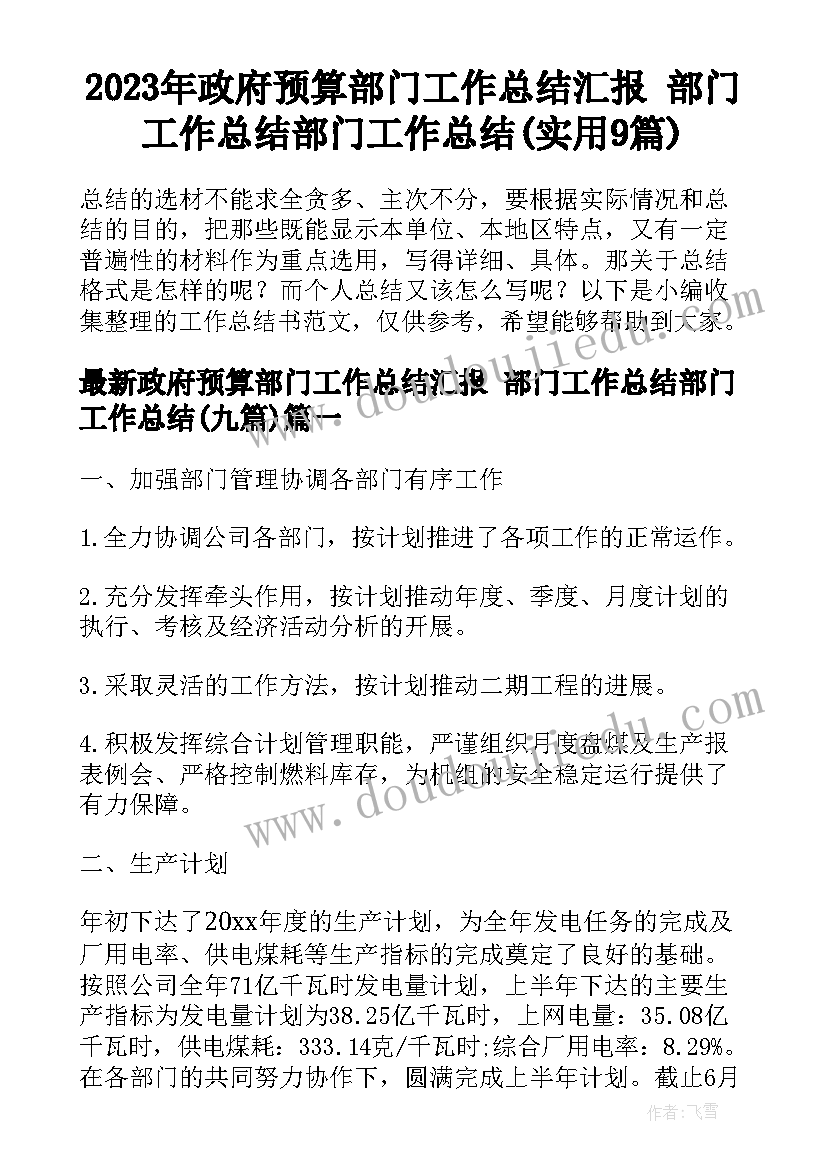 2023年政府预算部门工作总结汇报 部门工作总结部门工作总结(实用9篇)