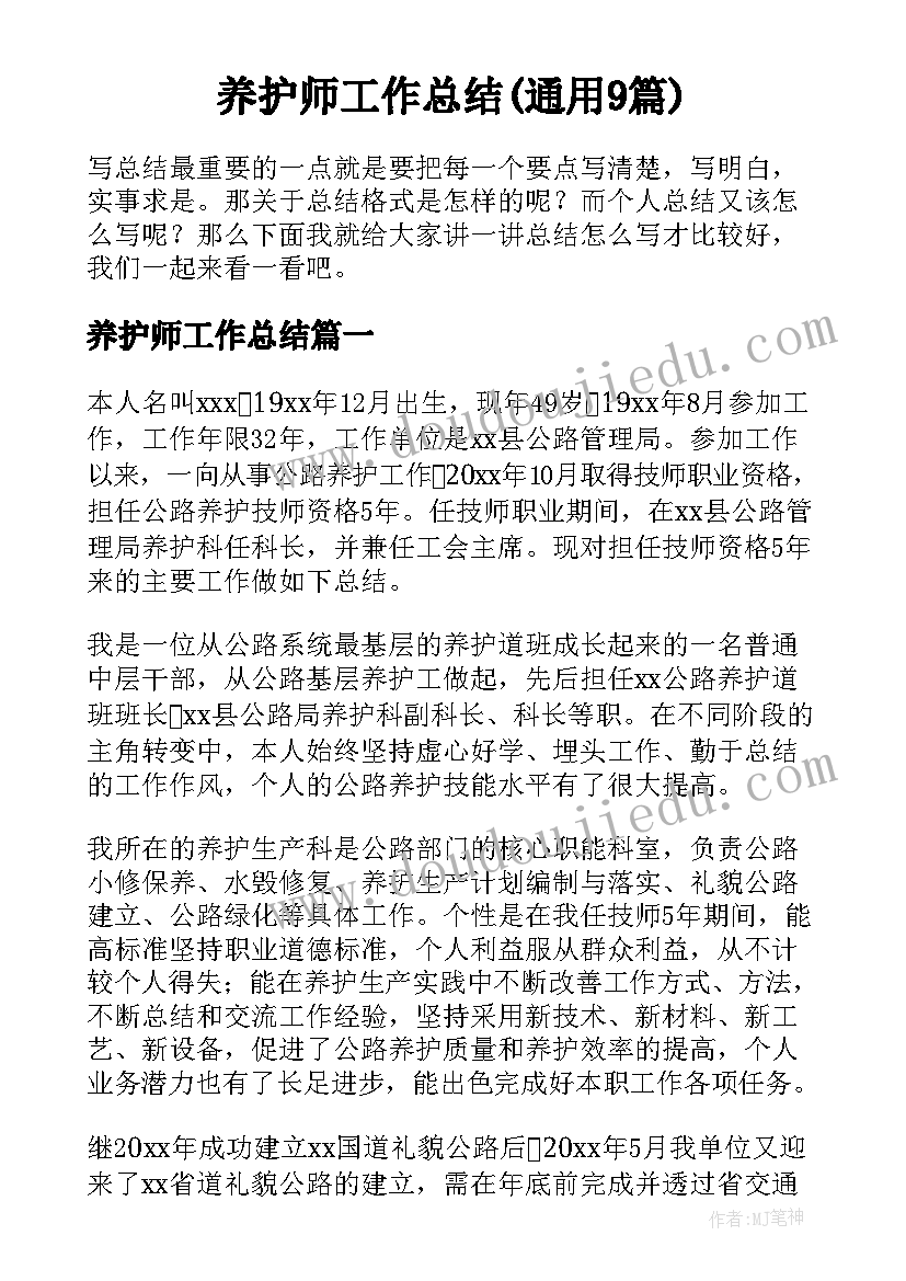 养护师工作总结(通用9篇)