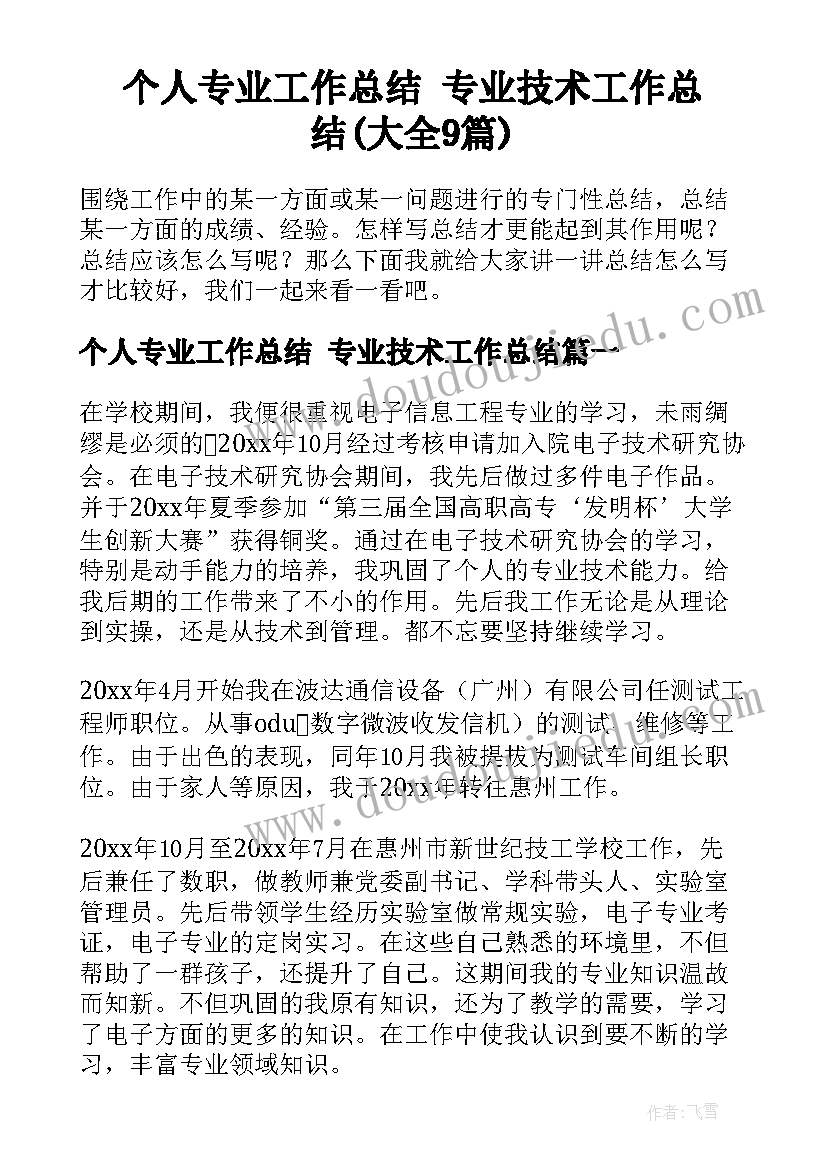 个人专业工作总结 专业技术工作总结(大全9篇)