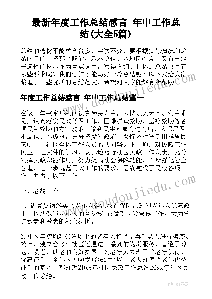 最新年度工作总结感言 年中工作总结(大全5篇)