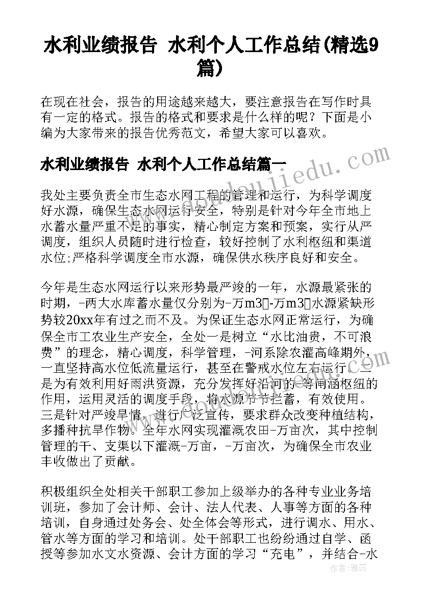 水利业绩报告 水利个人工作总结(精选9篇)