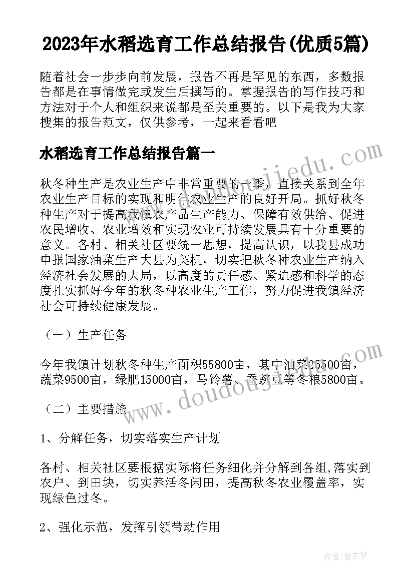 2023年水稻选育工作总结报告(优质5篇)