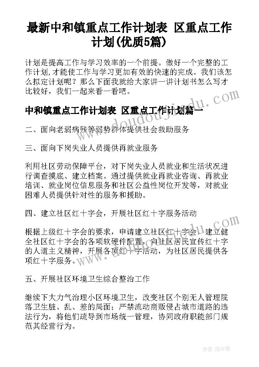 最新中和镇重点工作计划表 区重点工作计划(优质5篇)