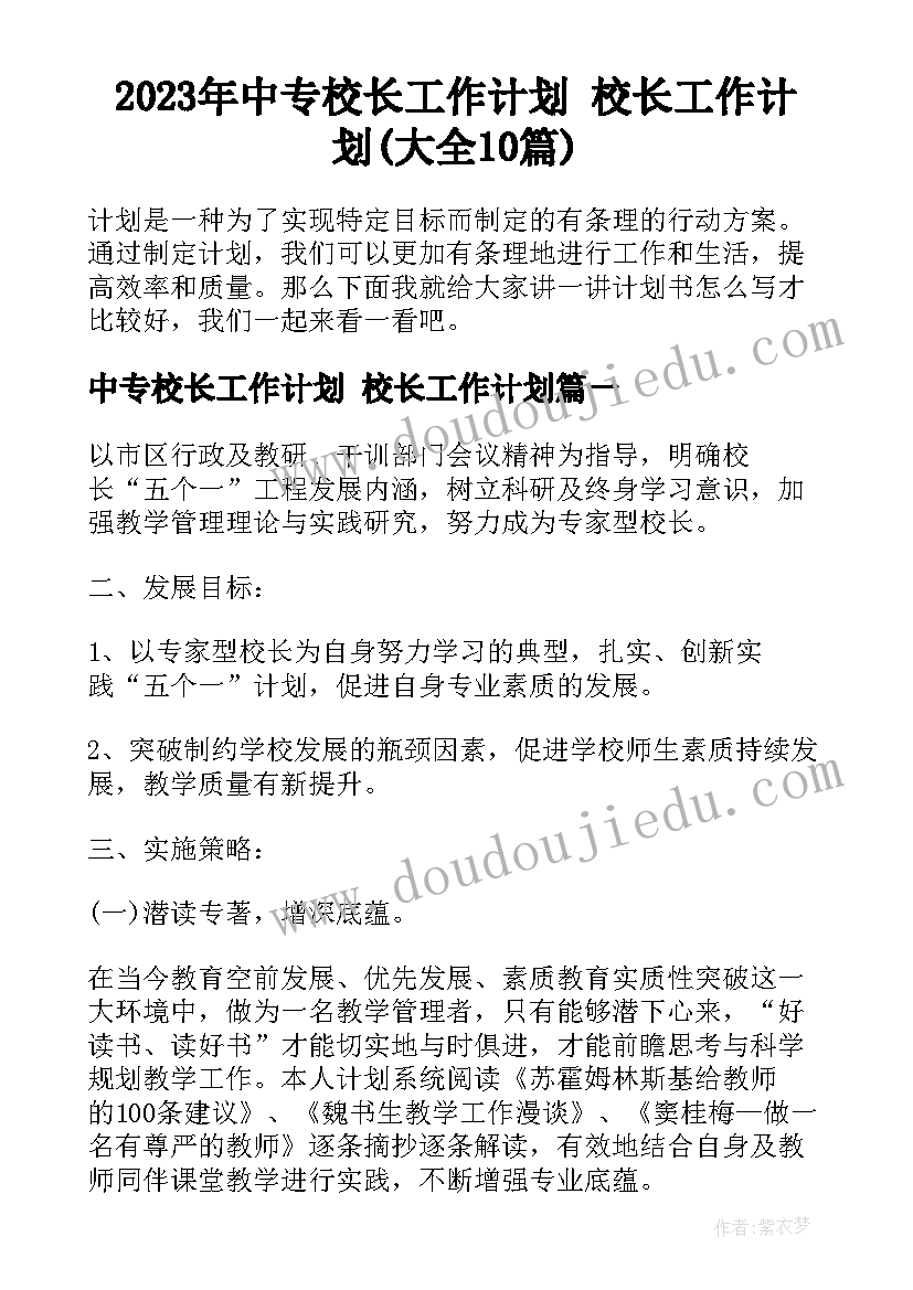 2023年中专校长工作计划 校长工作计划(大全10篇)