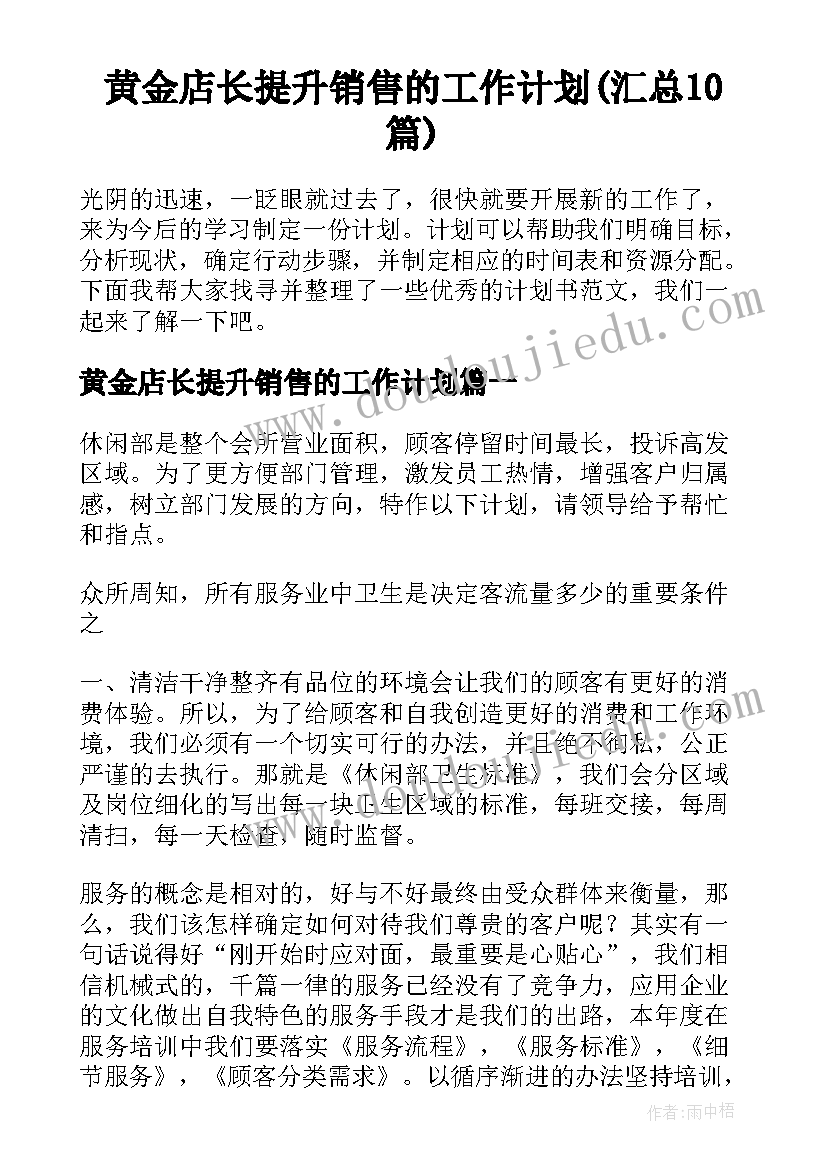 黄金店长提升销售的工作计划(汇总10篇)