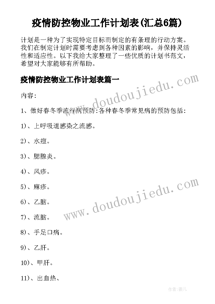 疫情防控物业工作计划表(汇总6篇)