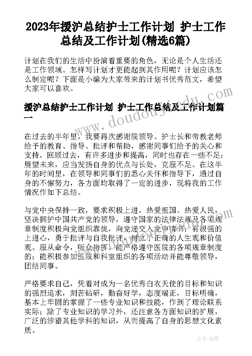 2023年援沪总结护士工作计划 护士工作总结及工作计划(精选6篇)