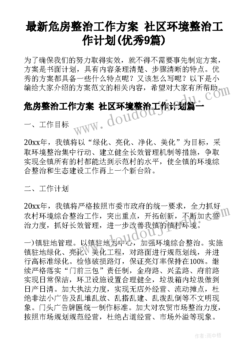 最新危房整治工作方案 社区环境整治工作计划(优秀9篇)