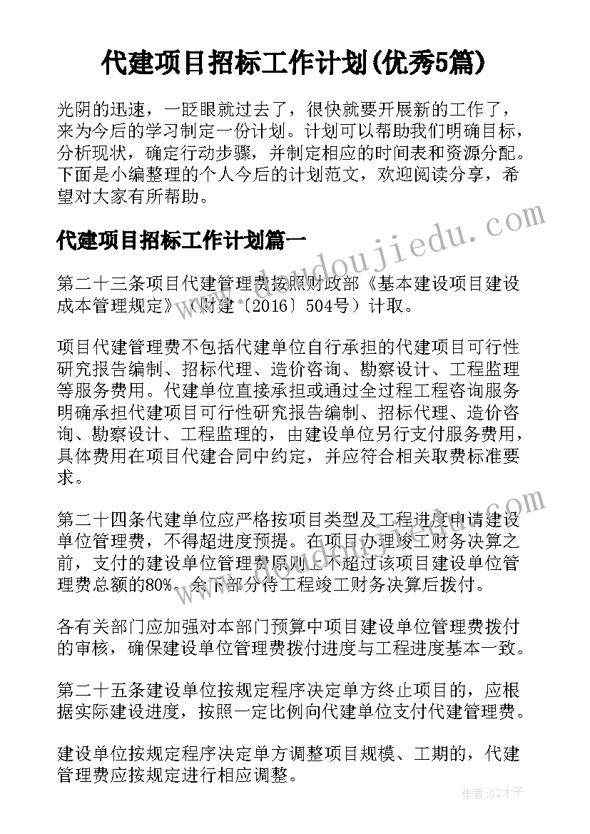 代建项目招标工作计划(优秀5篇)