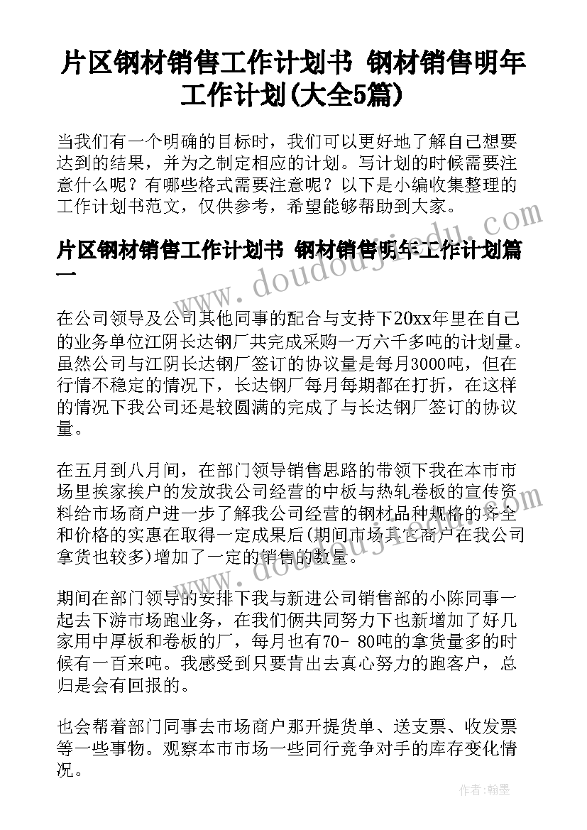 片区钢材销售工作计划书 钢材销售明年工作计划(大全5篇)