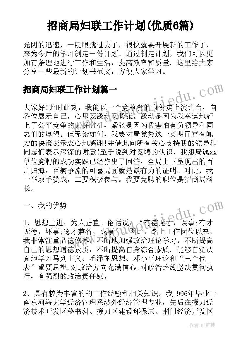 招商局妇联工作计划(优质6篇)