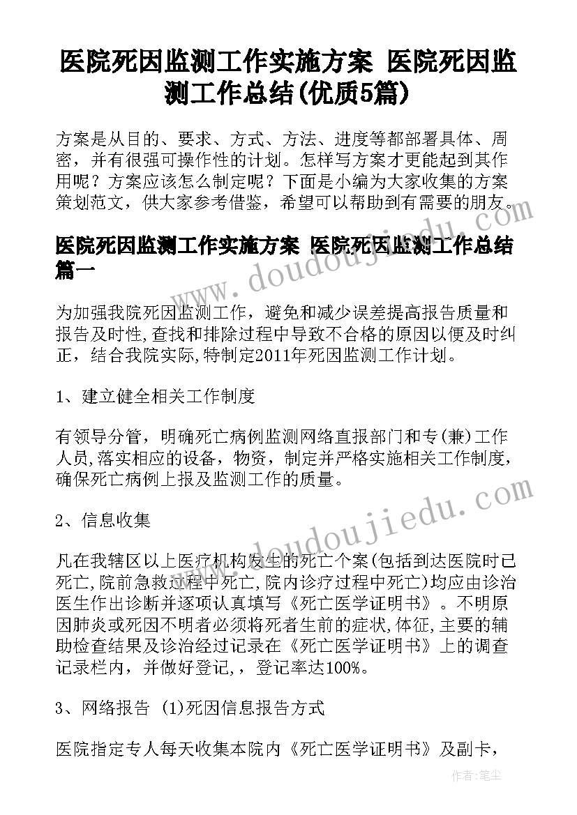 医院死因监测工作实施方案 医院死因监测工作总结(优质5篇)