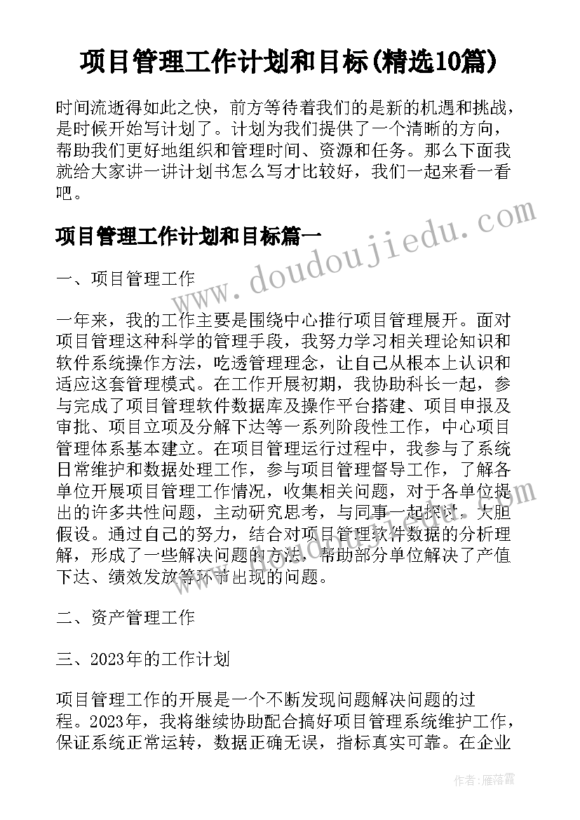 项目管理工作计划和目标(精选10篇)