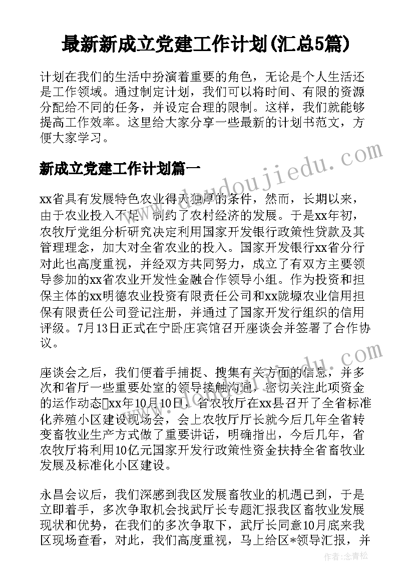 最新新成立党建工作计划(汇总5篇)