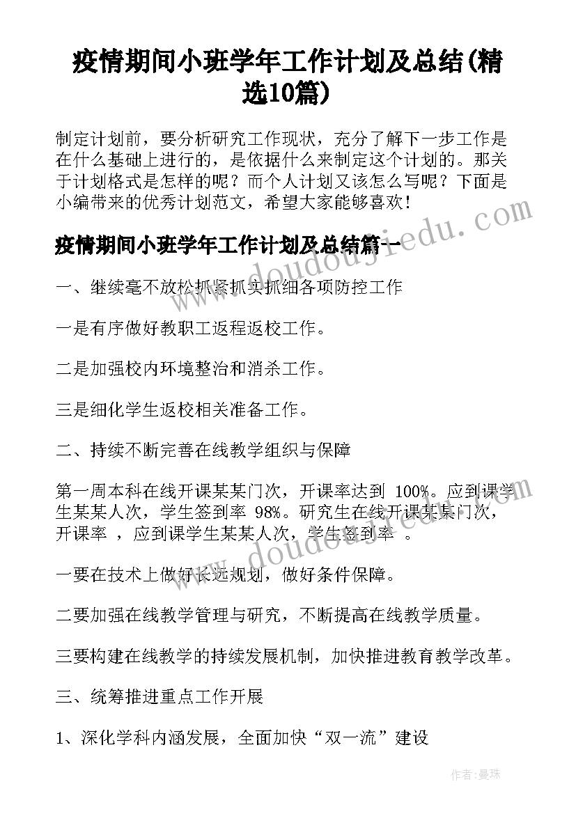 疫情期间小班学年工作计划及总结(精选10篇)