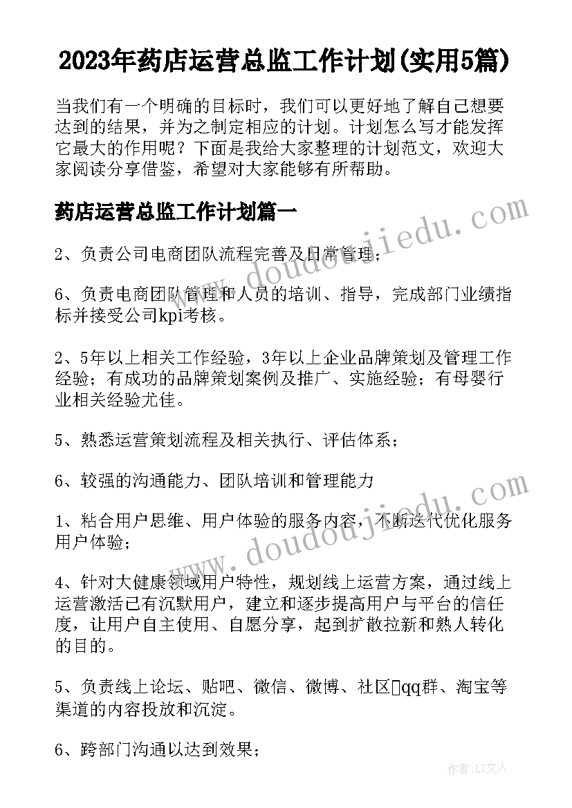 2023年药店运营总监工作计划(实用5篇)