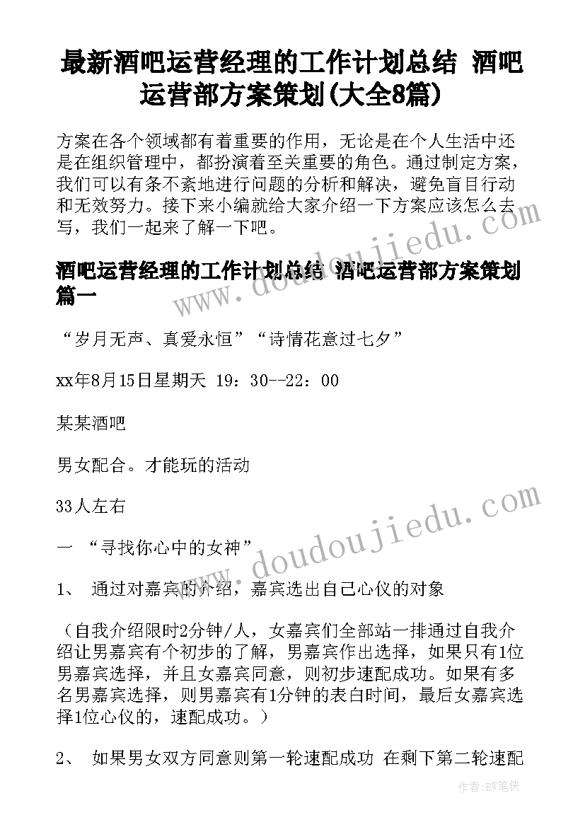 最新酒吧运营经理的工作计划总结 酒吧运营部方案策划(大全8篇)