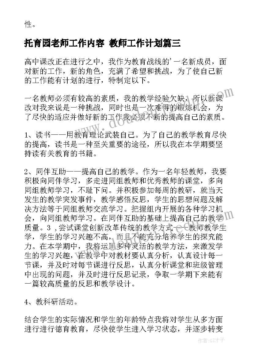 托育园老师工作内容 教师工作计划(通用10篇)