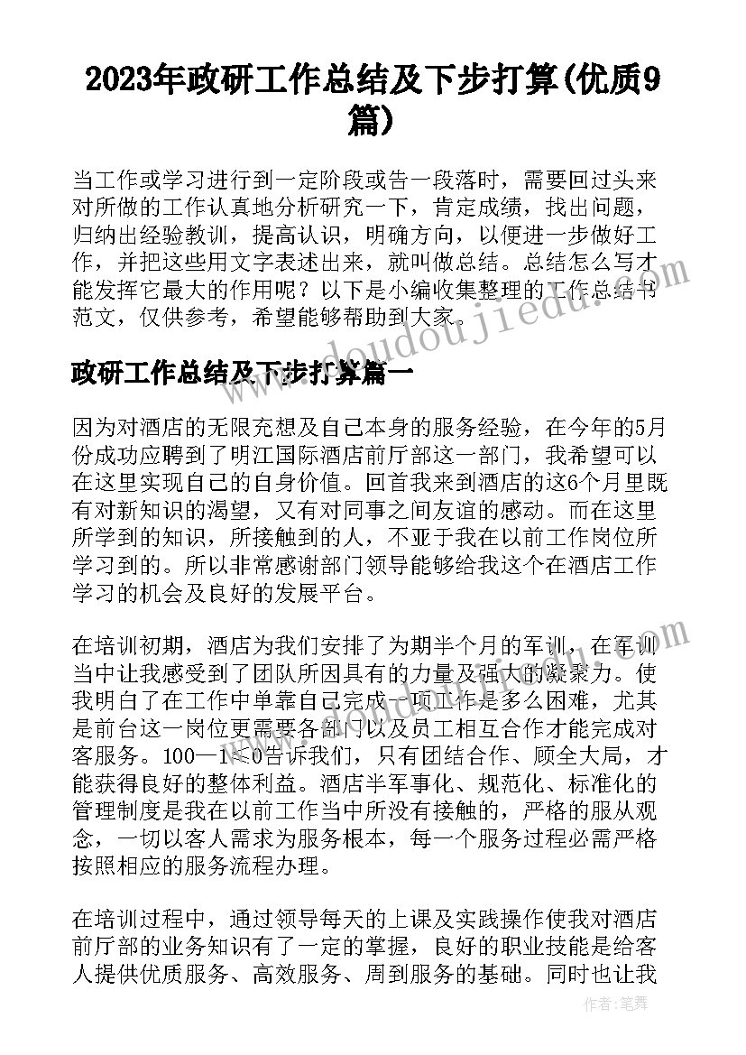 2023年政研工作总结及下步打算(优质9篇)