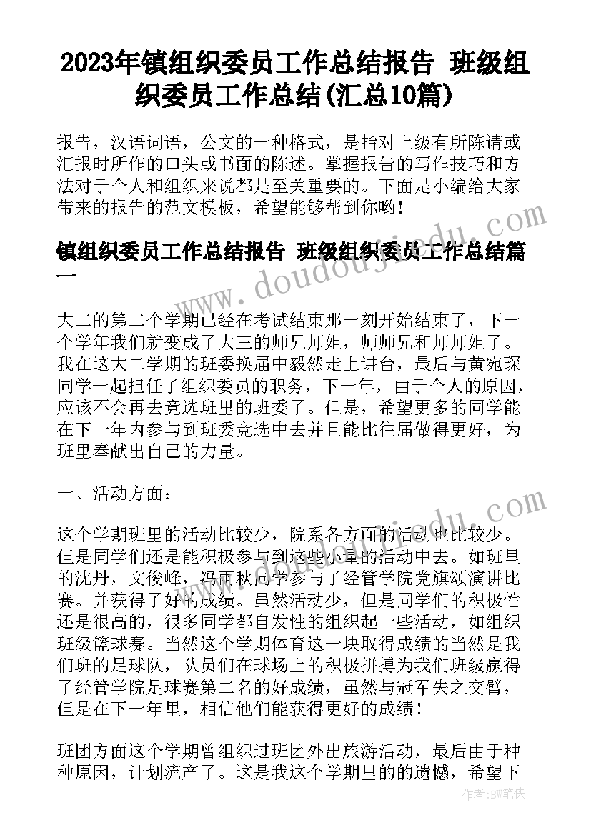 2023年镇组织委员工作总结报告 班级组织委员工作总结(汇总10篇)