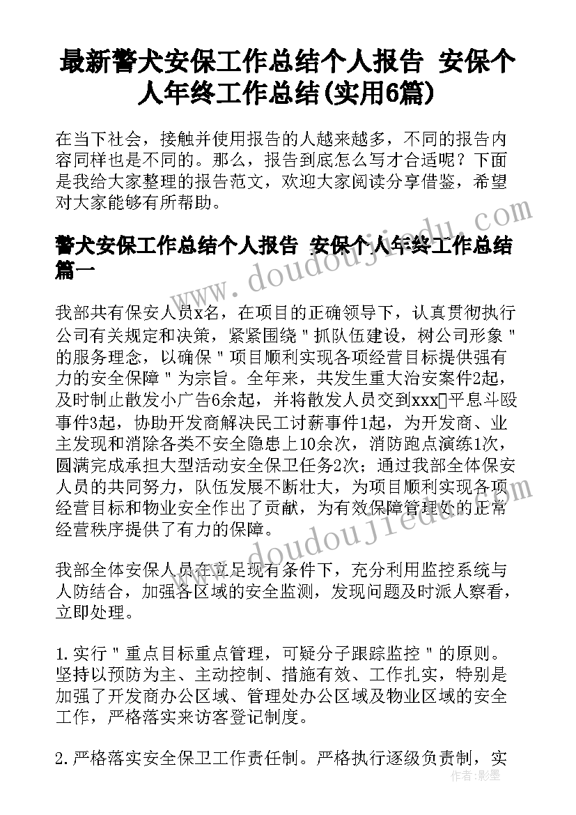 最新警犬安保工作总结个人报告 安保个人年终工作总结(实用6篇)