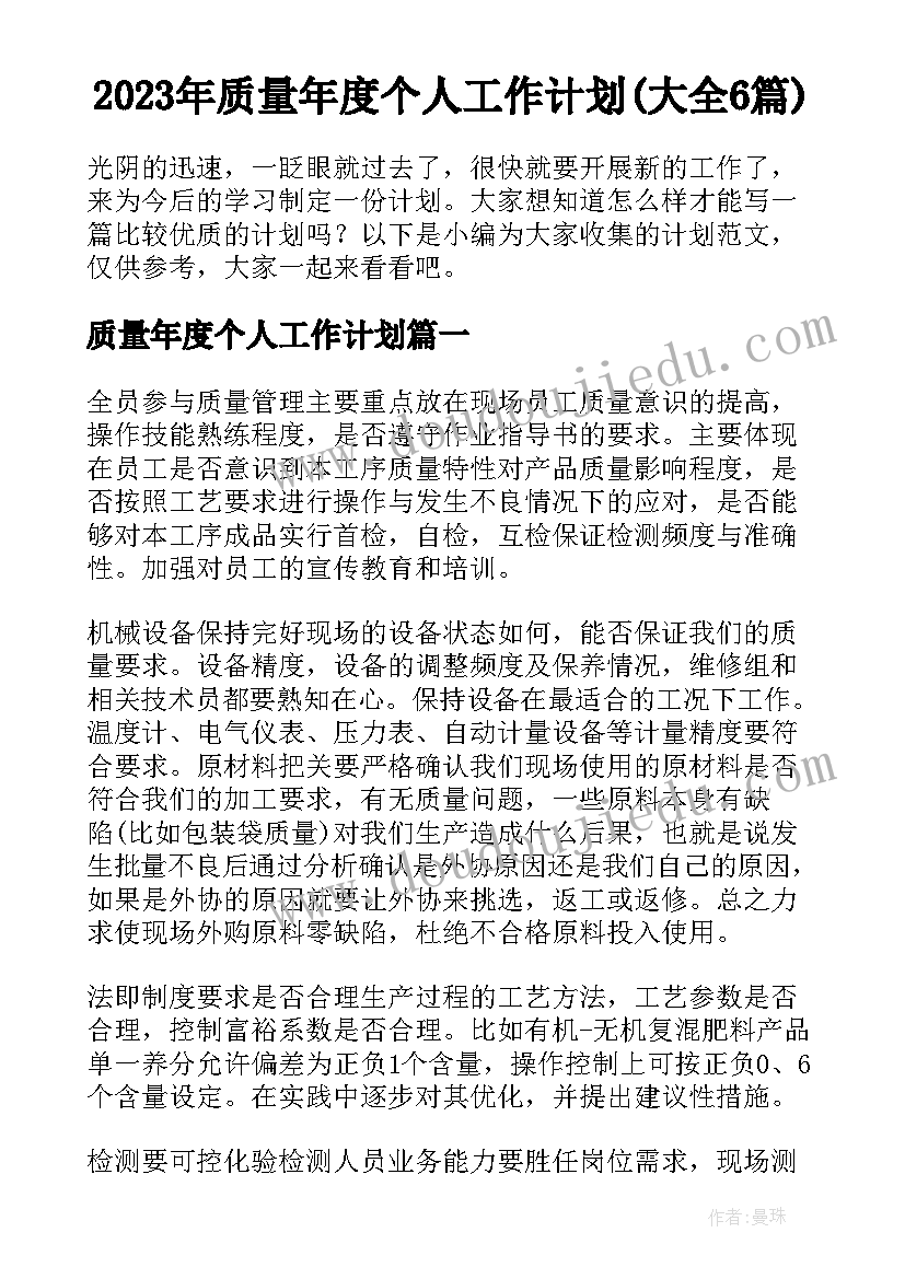 2023年质量年度个人工作计划(大全6篇)