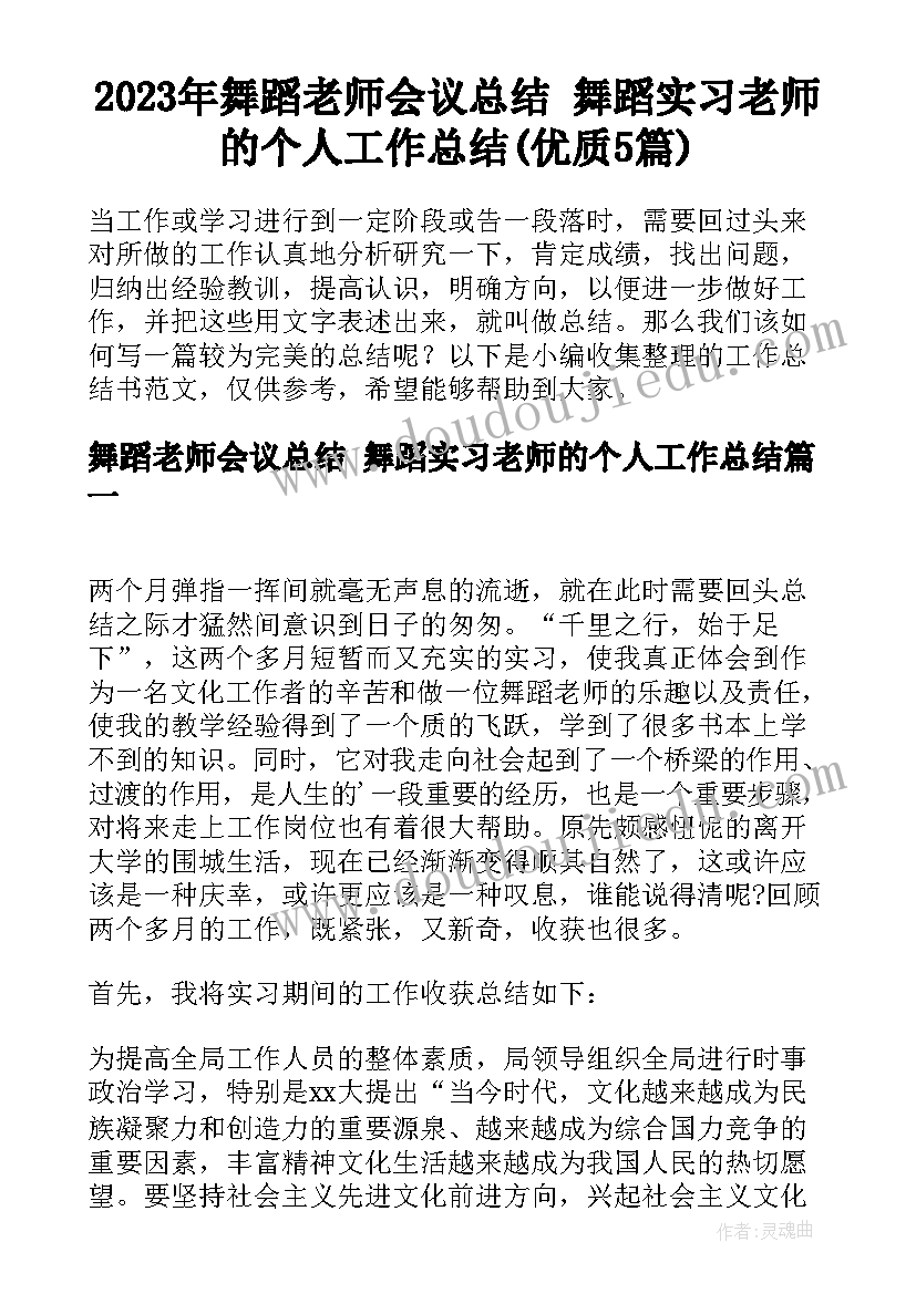 2023年舞蹈老师会议总结 舞蹈实习老师的个人工作总结(优质5篇)