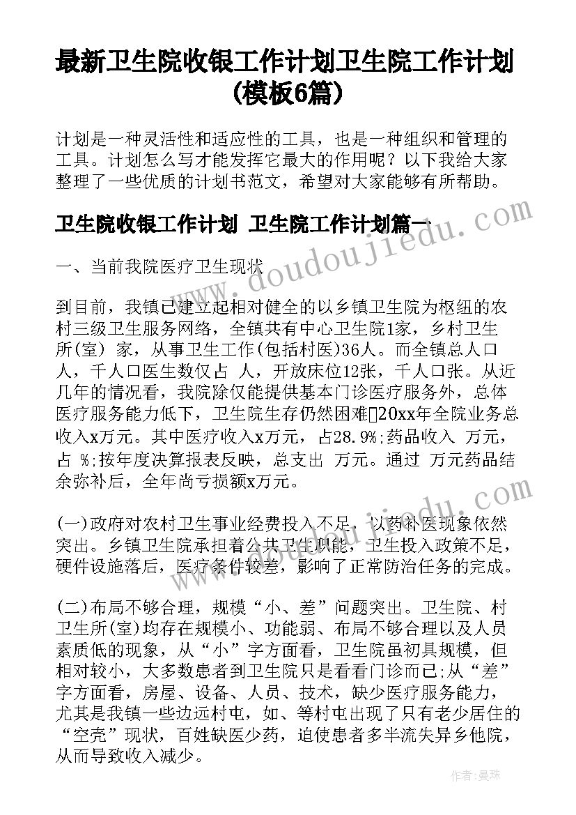 最新卫生院收银工作计划 卫生院工作计划(模板6篇)