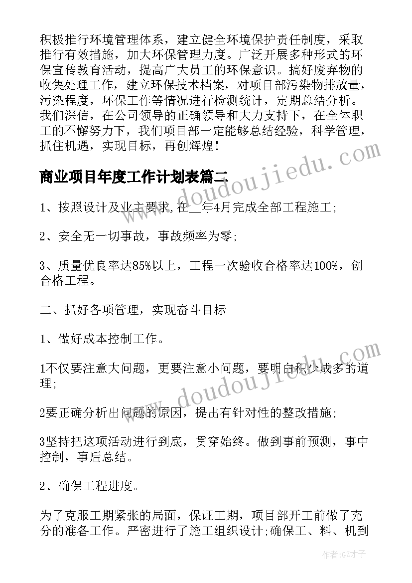 商业项目年度工作计划表(汇总7篇)