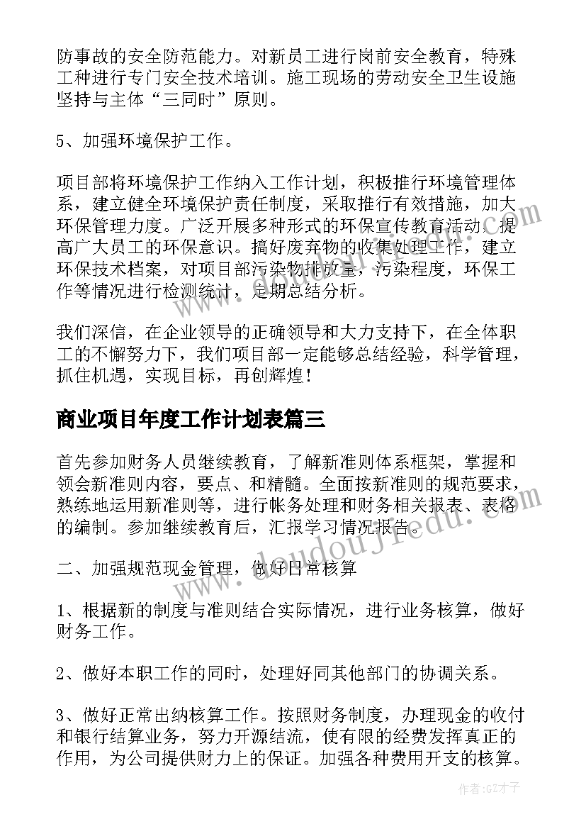 商业项目年度工作计划表(汇总7篇)