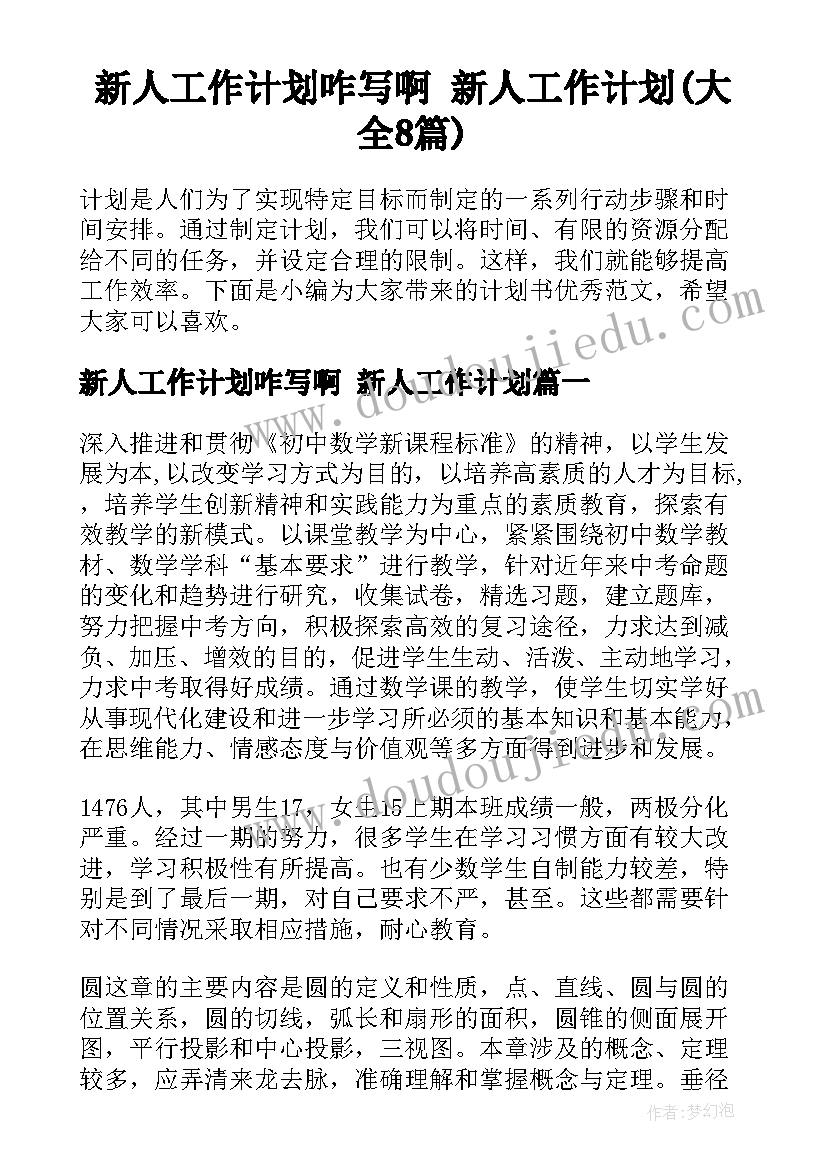 新人工作计划咋写啊 新人工作计划(大全8篇)